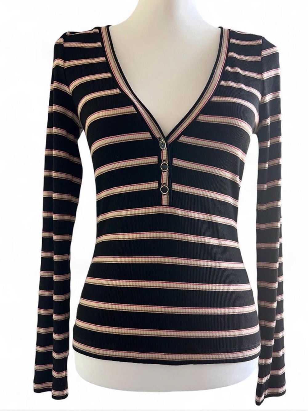 Veronica Beard Jeans XS Black Striped Metallic Ribbed Henley Long Sleeve Top